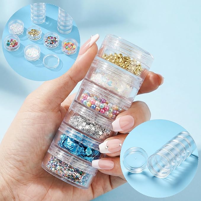 Fengek 6 Sets 6 Layer Stackable Plastic Containers, 10G/10ML Clear Cosmetic Storage Box Round Organizer Jars for Beads, Buttons, Small Jewelry Findings