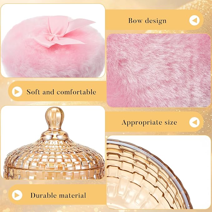 Tioncy 3 Pcs Large Body Powder Puff and Container Valentine's Day gift Powder Container with Puff Crystal Case Soft Washable Reusable Velour Face Body Glitter Wet Dry Makeup(Weave Design,Amber)