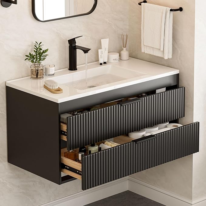 36 Inches Modern MDF Bathroom Vanity with Sink, Wall Mounted Floating Cabinets w/Double Drawers, Black Handles, White Resin Sink Combo Set (Black, 36")