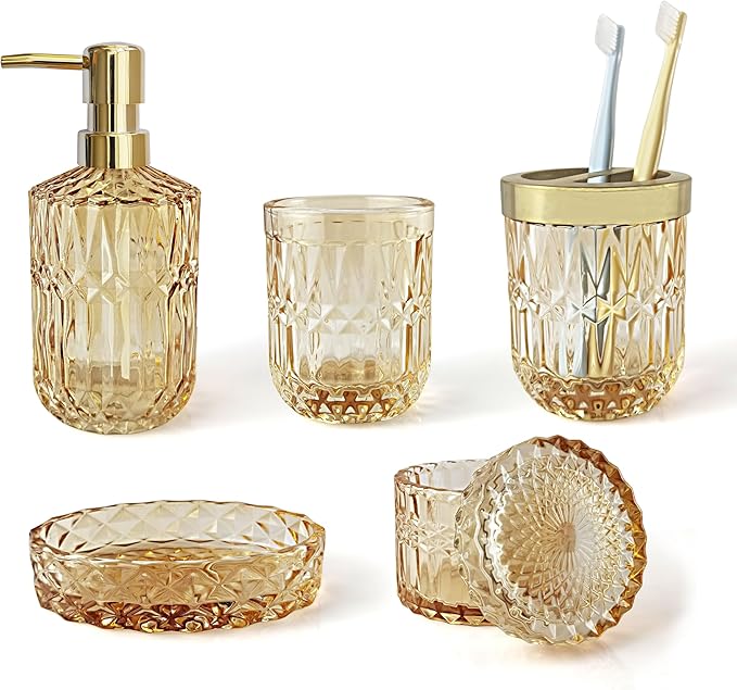 Clear Gold Bathroom Accessorries Set, 5Pcs Glass Bathroom Accessories, Lotion Soap Dispenser, Toothbrush Holder Set, Soap Dish, Tumbler, Qtips Holder for Bathroom Vanity Decor, Yellow Gold
