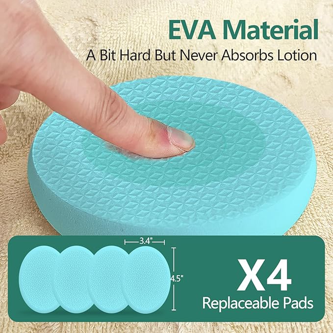 Lotion Applicator With 4 Replaceable Pads for Back, Self, Elderly, Women - Sunscreen and Cream Applicator With 17" Curved Handle for Easy Targeting of Back and Feet, Blue