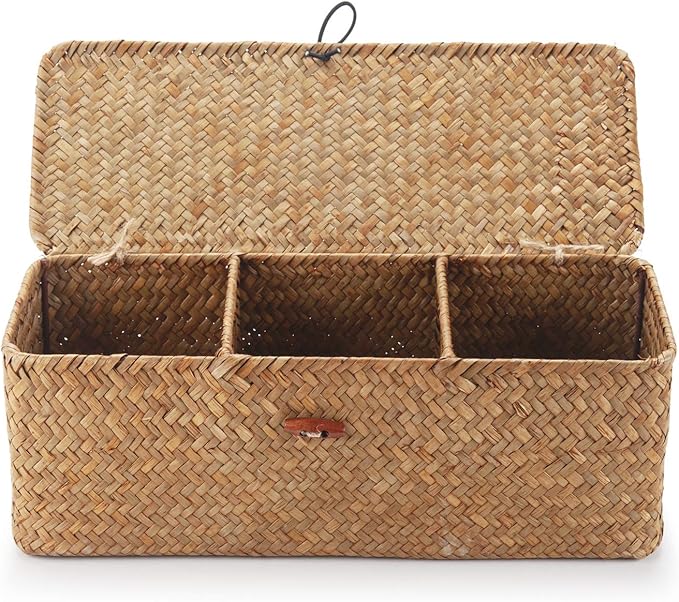 DECRAFTS Seagrass Storage Basket with Lid Rectangular Small Woven Shelf Baskets with Sections for Organize Snack Toys Tampon