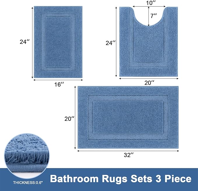SHACOS 3 Piece Blue Bathroom Rugs Sets, Non Slip Soft Fluffy 16"x24" + 20"x32" Bath Mat and 20"x24" U Shaped Toilet Rugs Washable, Water Absorbent Bath Rugs for Bathroom