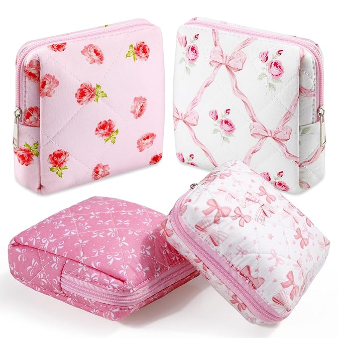 Paterr 4 Pcs Mini Quilted Floral Makeup Bag Women Gifts Small Cosmetic Bag Floral Quilted Makeup Pouch with Zipper Cute Travel Toiletry for Mom Teacher Women Girls Gifts(Pink Bow, Flower)