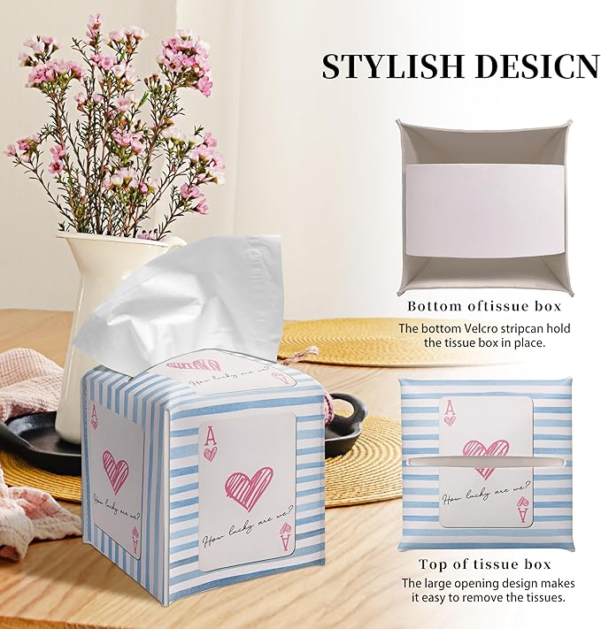 Grace Yonks Cute Tissue Box Cover Square - Red Heart Ace Card & Blue Stripe Design 5.2" PU Leather Holder for Vanity, Desk, or Bathroom Counter - Cube Case for Facial Tissues(007)