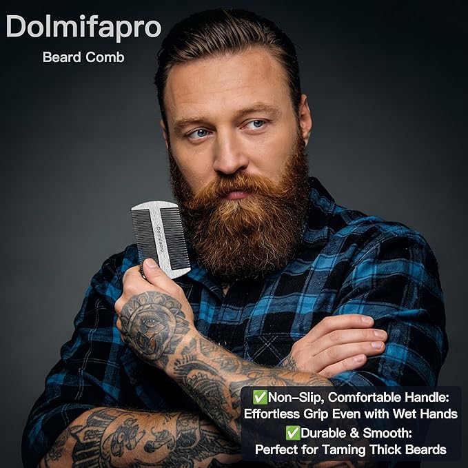 Pocket Comb for Beards, Mustache Comb & Hair Beard Comb for Men Ultra-thin, Stainless Steel, Anti-static with PU Leather Case (silvery)
