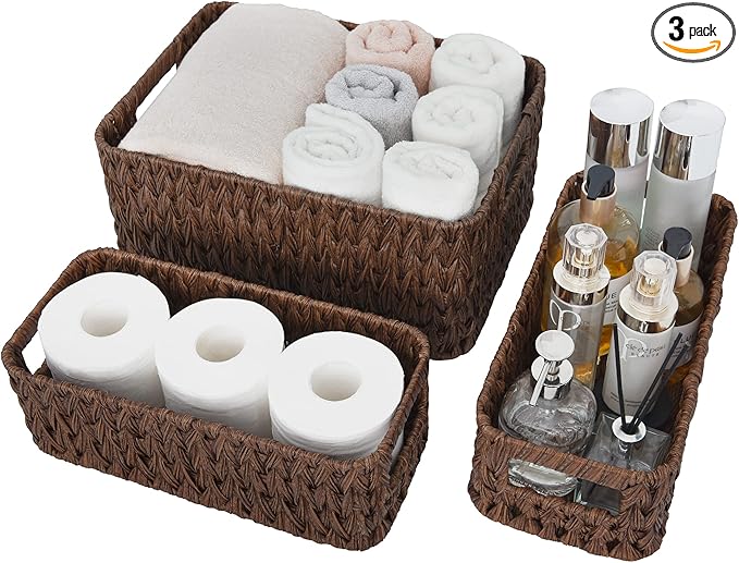 GRANNY SAYS Storage Baskets for Shelves, Waterproof Basket Set for Organizing, Toilet Wicker Basket Tank Topper, Wicker Baskets with Handles, Dark Brown, 3-Pack