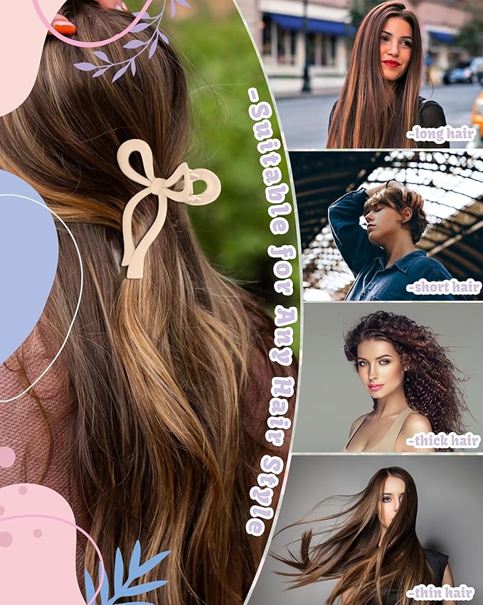 4 PCS Bow Hair Clips Bow Claw Clip for Women Nonslip Large Hair Claw Clips for Thin and Thick Hair Strong Hold Hair Bows (Purple+Rose red+Orange+Light brown)