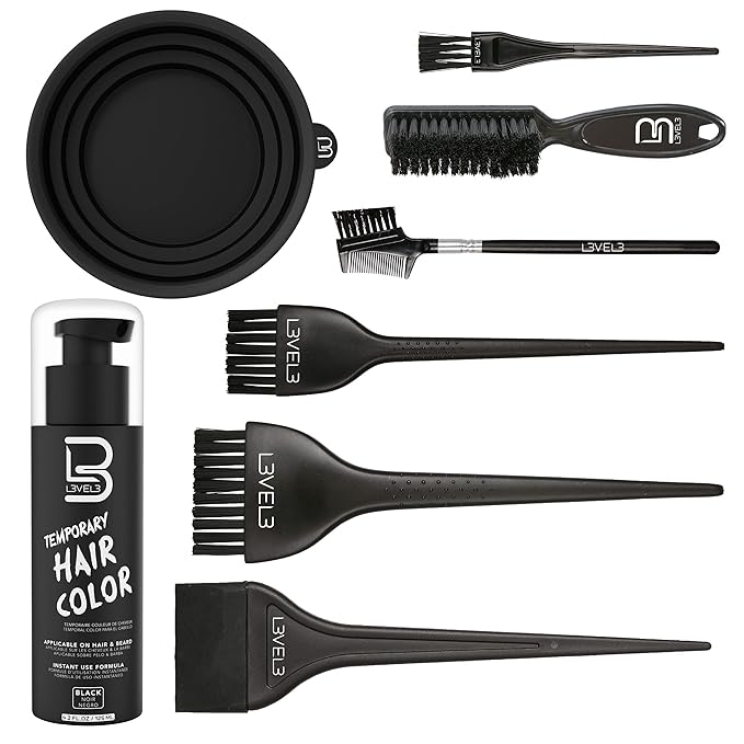Level 3 Temporary Hair Color, Tint Brush Set & Black Tint Bowl Kit - Use for Mixing, Dying, and All Coloring Needs - For Black Hair Beards - Full Beard in Minutes - Easy to Apply