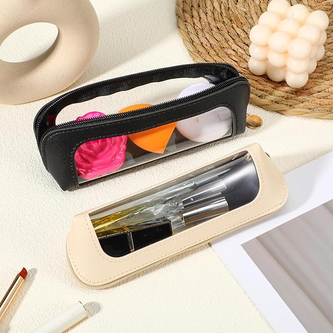 2Pcs Clear Makeup Brush Bag, Leather Slim Makeup Case, Portable Transparent Waterproof Cosmetic Pouch with Zipper, Double Sided Clear Bag for Women Travel Storage (White, Black)