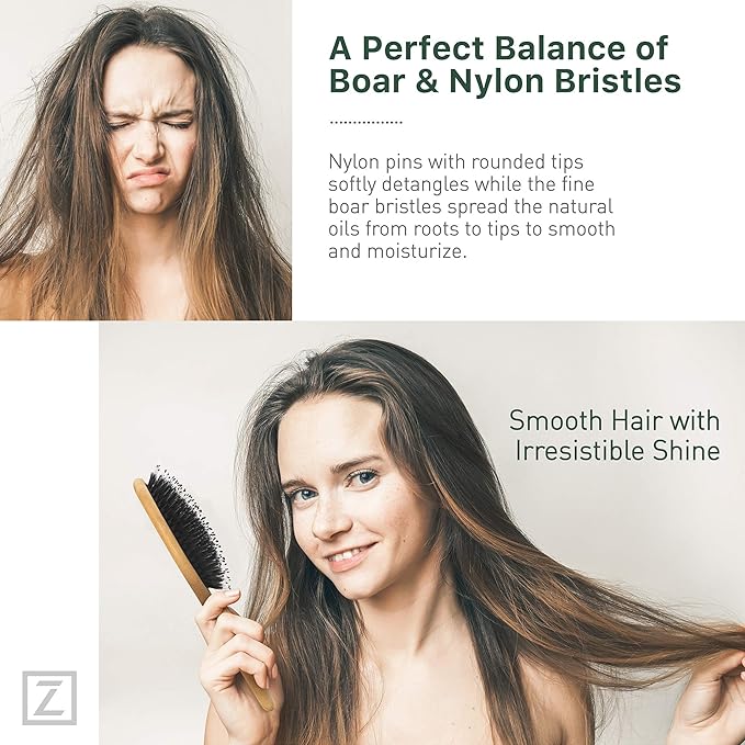 Natural Boar Bristle Hair Brush for Women, Men, Kids; Dry and Wet Detangling Hair Brush Gently Enhances Shine, Smooths Frizz and Prevents Breakage in Fine and Straight, Thick and Curly Hair (oval)