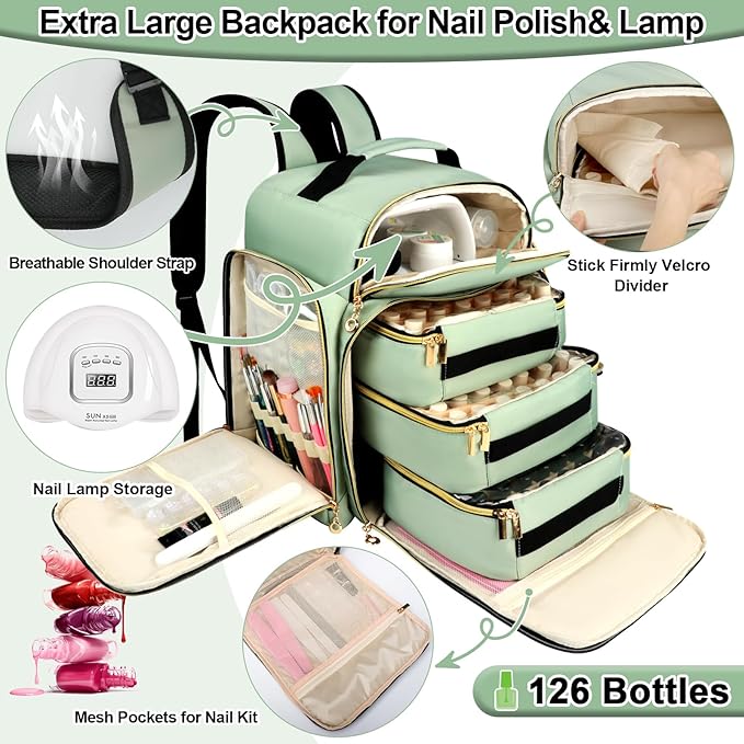 Nail Polish Organizer Backpack Holds 126 Bottles& Nail Lamp, Extra Large Nail Kit Supplies Organizer Bag with 3 Removable Cases, Portable Nail Organizers and Storage for Travel (Green)