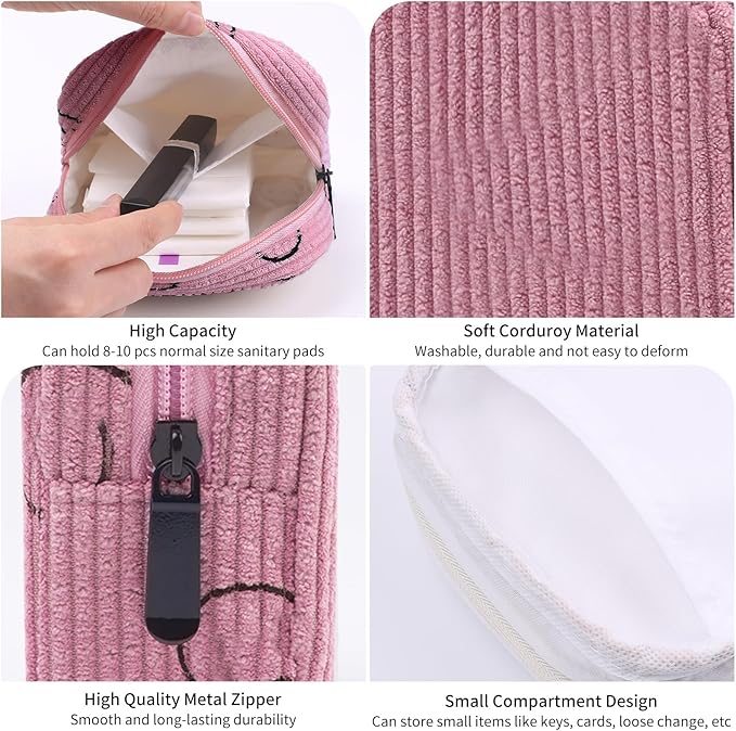 Sanitary Napkin Storage Bag, Corduroy Period Bag for Women, Cute Portable Period Pouch with Zipper, Sanitary Pads Bag Tampons Holder for Purse, First Period