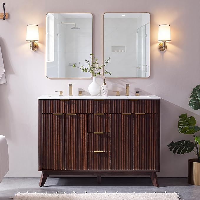 T4TREAM 48" Fluted Bathroom Vanity with Resin Sink Combo，Freestanding Modern Bathroom Storage Vanity Cabinet with Soft Closing Doors & 2 Drawers，Wood Grain Texture，Metal Handle，Dark Walnut