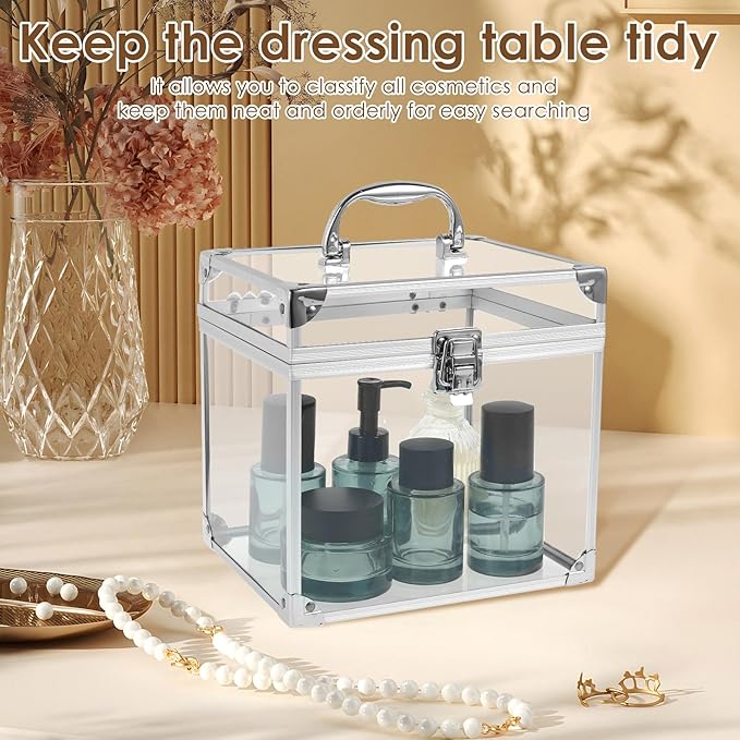 Makeup Box,Clear Cosmetic Case with Latches and Handle Large Capacity Toiletry Organizer Box Travel Makeup Tools for Vanity Bathroom Counter Dresser(silver)