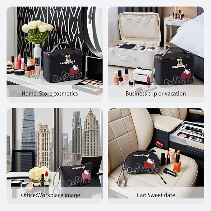 Vimanllie Travel Makeup Bag Large Cosmetic Bags with Brush Holder,Black Waterproof 3PCS Portable Cosmetic Case for Women,Toiletry Bag for Skincare&Beauty Tools for Her