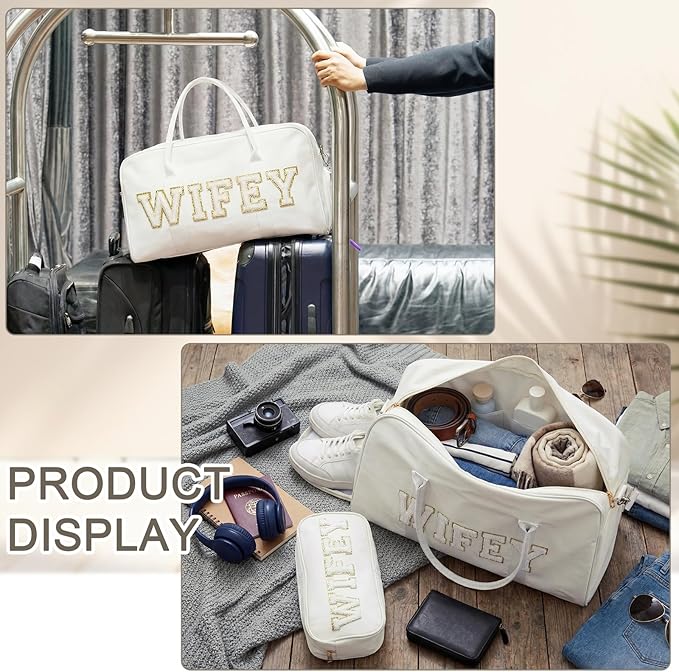 2 Pcs Wedding Weekender Bag Bride Groom Duffle Bag Chenille Letter Patch Travel for Bridal Shower Honeymoon Gift(Wifey,White)