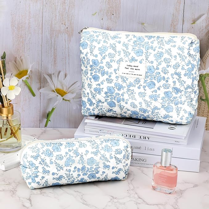 2Pcs Quilted Cotton Makeup Bag Travel Makeup Brush Bag Large Small Pouch Set for Women Floral Coquette Makeup Bags Cute Aesthetic Cosmetic Pouch Blue Toiletry Organizer Storage Bags