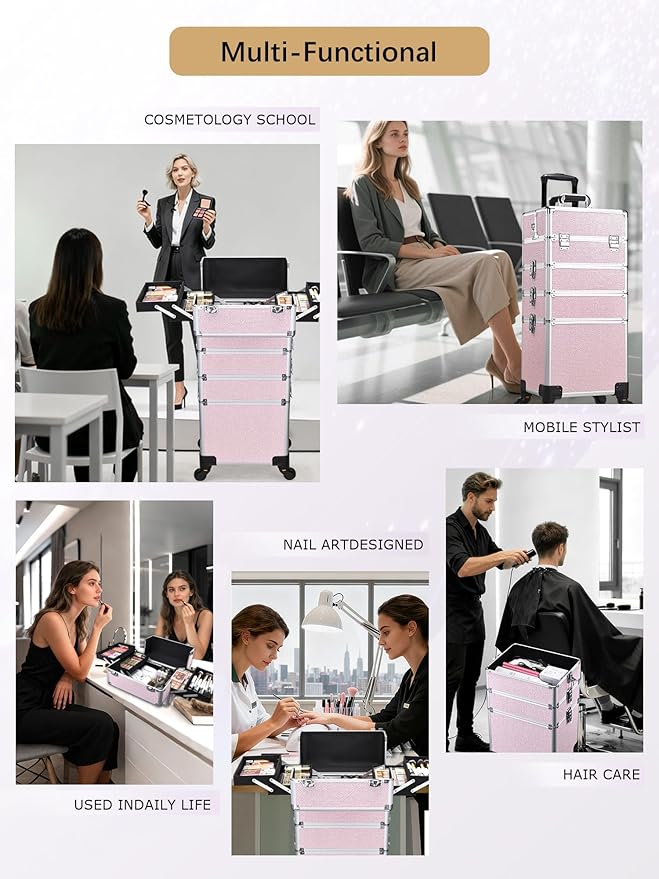 Costravio 5 in 1 Rolling Makeup Case on Wheels Large Cosmetology Case Organizer Beauty Cosmetic Train Case Travel Nail Cart for Make-up Studio Hair Salon, Pink Rhinestone