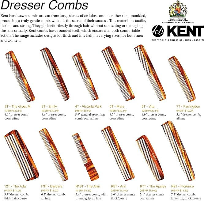 Kent R9T All Coarse Detangling Comb, Wide Teeth Dressing Table Comb for Thick Curly Wavy Hair. Detangler Combs for Grooming Styling Hair, Beard and Mustache. Saw-Cut. Handmade in England