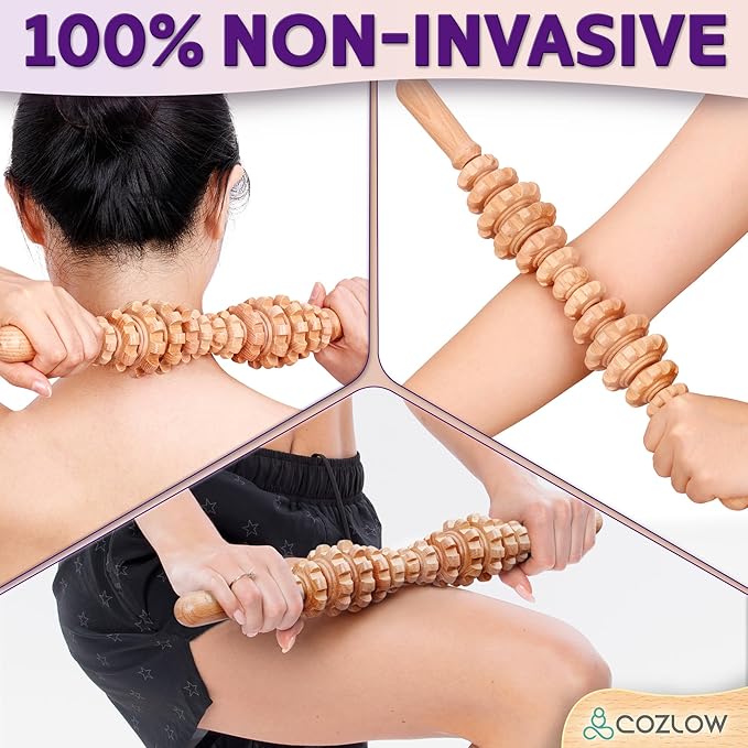 COZLOW Wooden Massage Roller Stick (Hourglass Shape) - Curved Wood Therapy Massage Tool for Body Sculpting, Fascia Release & Lymphatic Drainage - Maderotherapy Helps Reduce Cellulite Appearance