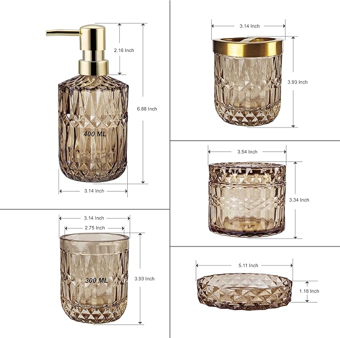 Brown Bathroom Accessories Set, 5Pcs Clear Glass Bathroom Accessories, Lotion Soap Dispenser, Toothbrush Holder Set, Soap Dish, Qtip Holder, Tumbler for Vintage Bathroom Decor, Gift Set