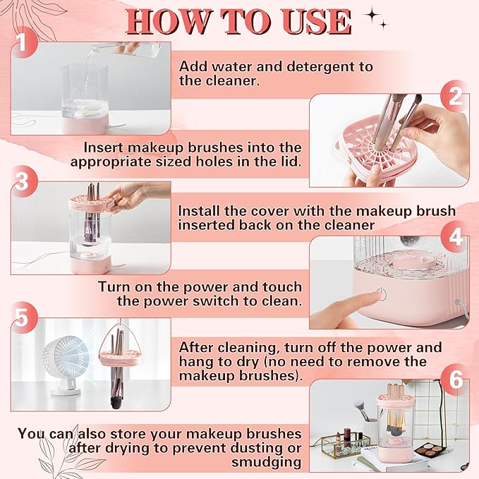 Electric Makeup Brush Cleaner - Portable Makeup Brushes Cleaning Machine, Automatic Spinning Cosmetic Brushes Washer, Make Up Brush Cleaner Tools for Most Sizes Brushes and Sponges (Pink)