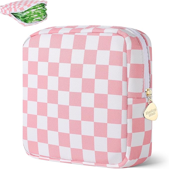 Desing Wish Sanitary Pad Storage Bag Portable Period Bag for Teen Pads/Sanitary Napkins/Small Tampons, Sanitary Napkin Storage Bag First Period Gifts for Teen Girls (Pink-White Checker)