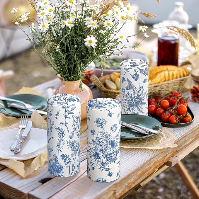 Zonon 8 Pcs Vintage Floral Round Tissues Box Car Holder with Facial Tissue Bulk Blue Flower Travel Tubes for Car with 50 Sheets Christmas Cylinder Face Towel Fit for Cup Holder Round Container