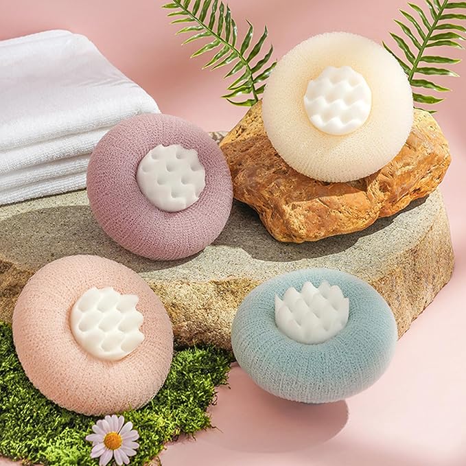 2Pcs Bath Sponge Shower Loofah, Exfoliating Body Scrubber, Upgrade Large 2-in-1 Sunflower Bath Ball with Suction Cup Non-Slip Handle, Bath Sponges for Men Women(Blue&Purple)