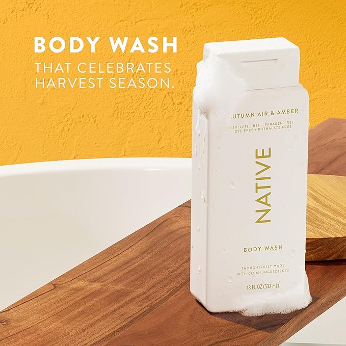 Native Body Wash with Naturally Derived Ingredients - Autumn Air & Amber - For Women & Men, Sulfate, Paraben, & Dye Free Leaving Skin Soft and Hydrating | Fall Seasonal Scent Bundle, 18 oz - 2 Pk