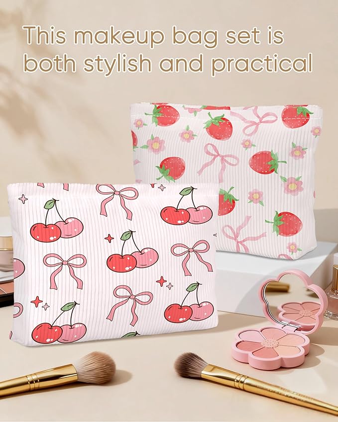 Cute Pink Bows Makeup Pouch for Women Small Make Up Bag for Purse Zipper Initial Makeup Cosmetic Bags Pouches for Purse Aesthetic Travel Toiletry Bags Gift, Red Strawberry