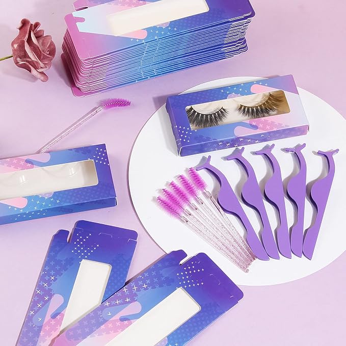 175 Pieces Lash Packaging Wholesale, Include 30 Empty Eyelashes Packaging Box, 30 False Lash Trays, 15 Eyelash Tweezers and 100 Eyelash Brush Mascara Wands Disposable (Purple)