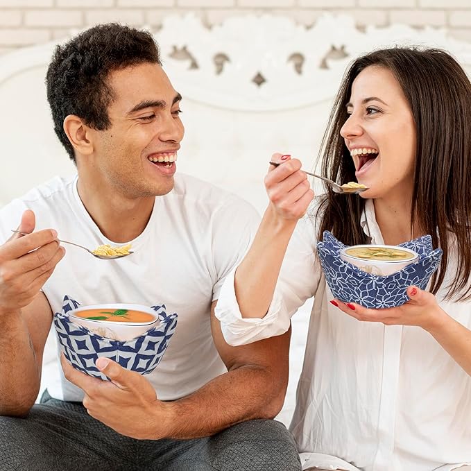 Cotton Microwavable Bowl Cozy, Microwave-Safe Hot Bowl Holders, Soup bowl Cozy Hot Pads (Blue Series)