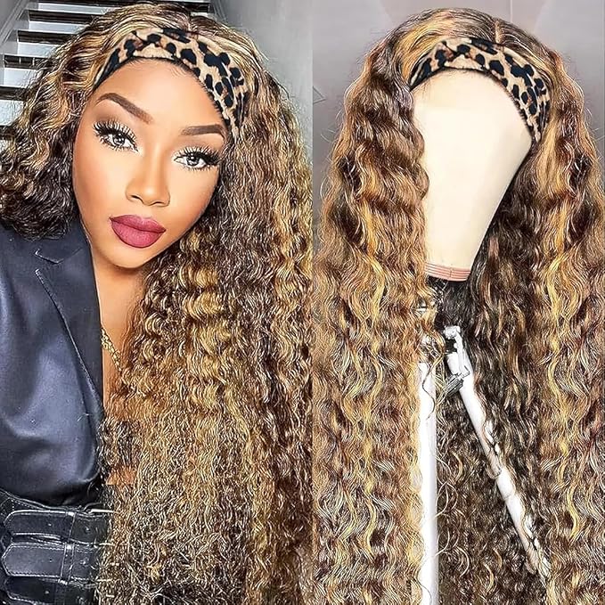 XSY Headband Wig Human Hair, Ombre Highlight Curly Human Hair Wigs for Black Women No Lace Front Wig 150% Density 4/27 Highglight Wig (26 Inch)