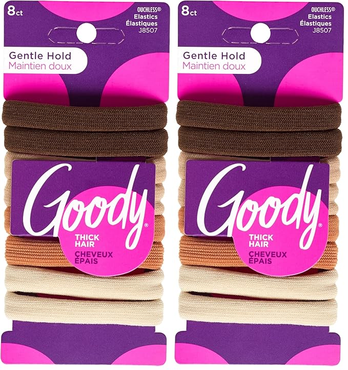 Goody Ouchless Sweater Hair Ties, 8 Ct Warm Tones, Gentle, Secure & Damage-Free Elastic Bands for All Occasions, No Snag or Pull Styling Accessories for Women & Men, For Thick Hair (Pack of 2)