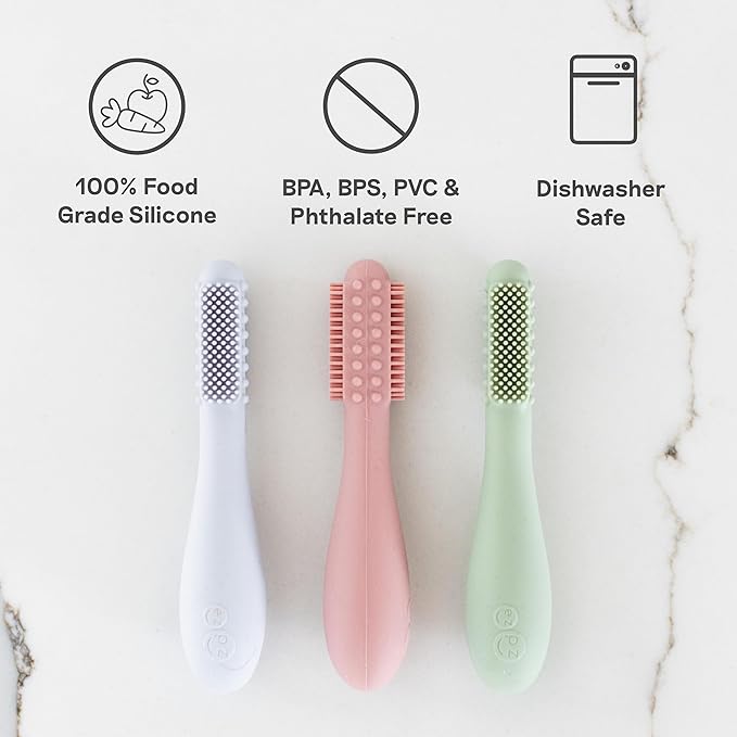 ezpz Baby-Led Toothbrush (Pewter) - 3 Months + - 100% Silicone Infant Toothbrush with Sensory Bumps - Cleans Gums + New Teeth - Improves Hand-to-Mouth Coordination, Self-Feeding Skills