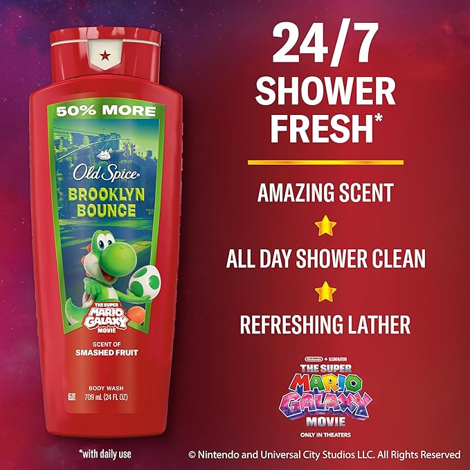 Old Spice Body & Face Wash for Men, x The Super Mario Galaxy Movie, 3X Defense, 24/7 Shower Fresh with Long Lasting Scent, Smell Super with Brooklyn Bounce, Smashed Fruit Scent, 24 oz