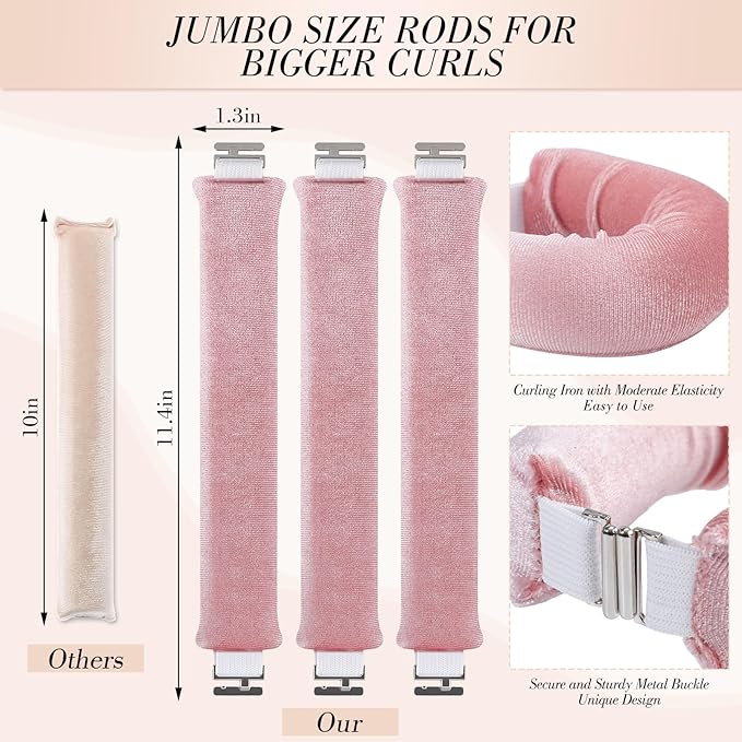 Heatless Curlers, Heatless Curls Overnight Set for Women, No Heat Hair Curlers to Sleep In, Jumbo Overnight Curls with Blowout Rods for Long Hair (Pink, 3 Pack Curling Rod with 1 Scarf)