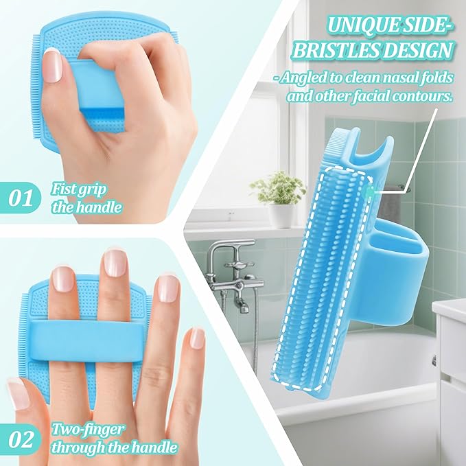 Silicone Bath Glove & Face Scrubber Set 2PCS, 360° Anti-Slip & Hand-fit Body Scrubber for Rich Foaming Deep Cleaning, Unique Facial Scrubber with Side-bristles for Contoured Areas.(Blue)