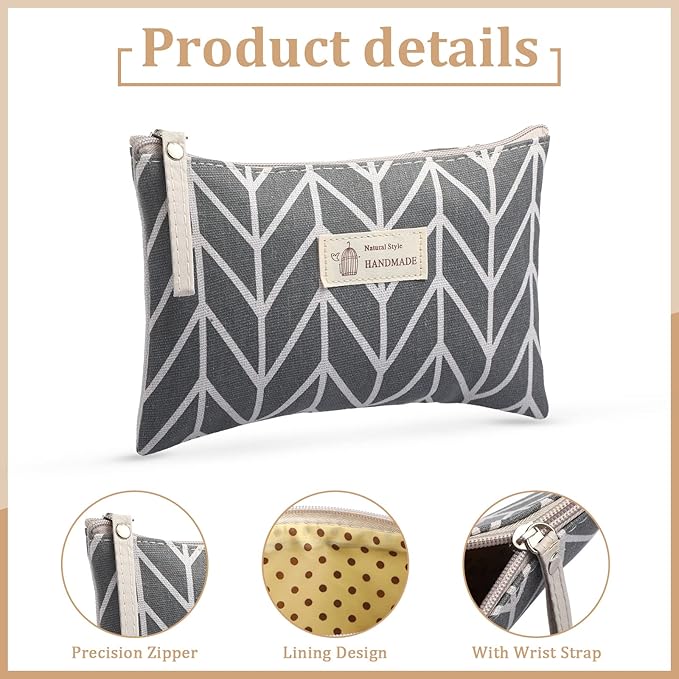 Boao 4 Pieces Canvas Makeup Bags Set Small Cosmetic Pouches for Purse with Zipper Multi Functional Toiletry Travel Case Organizer for Women Gift, 4 Styles(Big,Arrow, Plaid, Tree, Leave)