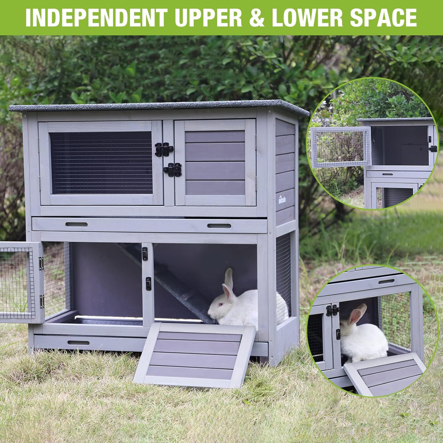 Rabbit Hutch Bunny Cage, Guinea Pig Cage Bunny Hutch Indoor, Wood Pet Cage with 4 Casters -2 Story & 2 Trays