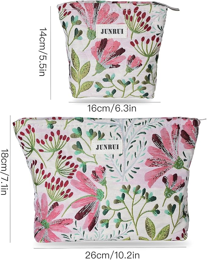 Makeup Bag Small Cute Cosmetic Bags for Women，Floral Travel Toiletry Bag for Purse, Large Canvas Cosmetic Pouch Makeup Organizer Tool Pouch with Zipper（2Pcs Colorful Plant）