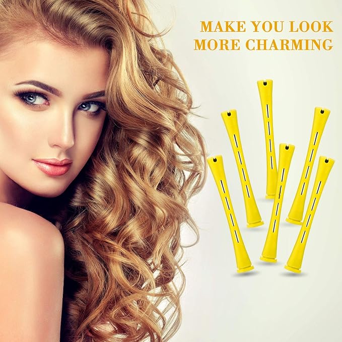 Chuangdi 24 Pcs Hair Perm Rods Plastic Cold Wave Perming Curlers Hair Rollers with Steel Pintail Comb Rat Tail Comb Tools for Hairdressing Styling(Yellow,0.28 Inches)