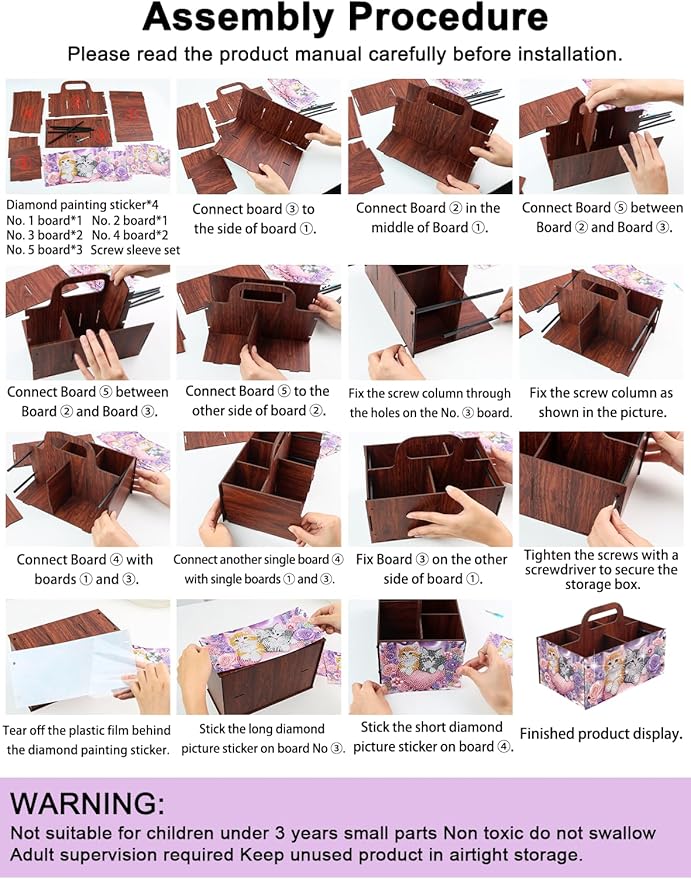 DIY Flower Diamond Art Wooden Multi-Compartment Organiser Box with Handle Diamond Painting Cosmetic Storage Box for Adult Portable Wooden Storage Case for Storing Desktop Items
