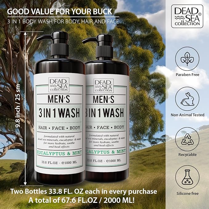 Dead Sea Collection Eucalyptus Mint Men’s Body Wash – 3 in 1 Body Wash for Men for Hair, Face & Body – Moisturizing Shower Gel with Dead Sea Minerals – Pack of 2 (33.8 fl oz each)