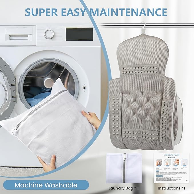 Full Body Bath Pillow, Luxury Bath Cushion with 192 Suction Cups, Bath Pillows for Tub for Head and Neck Support, with Laundry Bag White, 51" x 16"