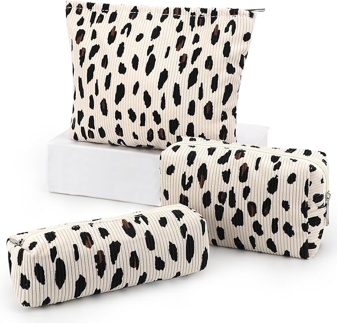 EIMMBD Makeup Bag 3 Pieces Large Capacity Cosmetic Bags Makeup Pouch for Purse Travel Toiletry Bag Organizer Cute Makeup Pouch Storage for Women(Beige Leopard)