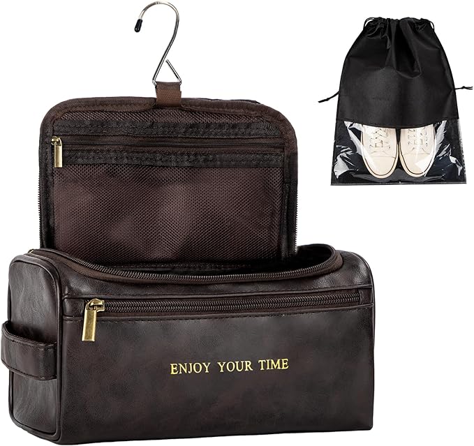 Flycalf Mens Toiletry Travel Bag Customized Mens Leather Toiletries Grooming Bag for Men Shaving Bag Hanging Water Resistant Organizer (Coffee)