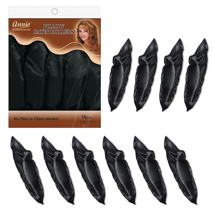 Annie Pillow Satin Rollers, 10 Count, Black, No Pins or Clips Needed, Soft Satin Fabric Helps Prevent Breakage, Snap Lock Closure, Ideal for Leaving In All Night
